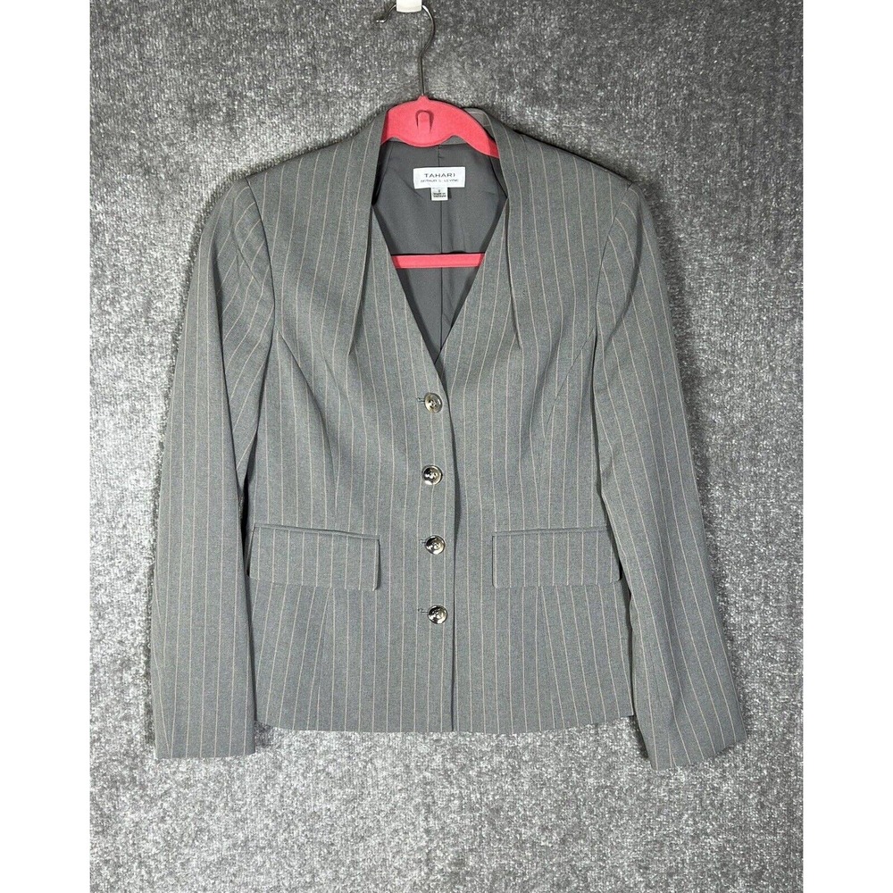 Tahari Arthur S Levine Striped 4 Button Blazer Womens Size 2 Gray Pink Stripes
